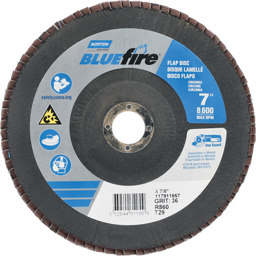Disque &agrave; lamelle conique centr&eacute; BlueFire R884P/R884V/R860, 7" x 7/8", Type 29, Grain P36, Alumine de zirconium Planification Entrepots Molloy