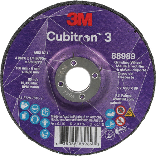 Cubitron 3 Depressed Centre Grinding Wheel, 4" x 1/4", 5/8" Arbor, Ceramic, Type T27 Planification Entrepots Molloy