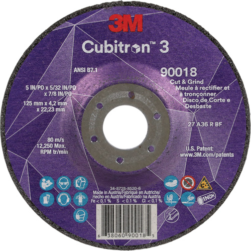 Cubitron 3 Cut & Grind Wheel, 5" x 5/32", 7/8" Arbor, Type T27, 36+ Grit, Ceramic Planification Entrepots Molloy