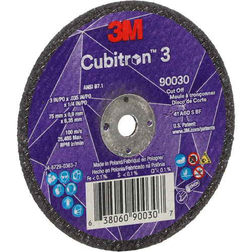 Meule &agrave; tronçonner Cubitron 3, 3" x 0,035", Arbre de 1/4", Type T1, C&eacute;ramique, 21000 Tr/min Planification Entrepots Molloy