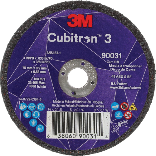 Meule &agrave; tronçonner Cubitron 3, 3" x 0,035", Arbre de 3/8", Type T1, C&eacute;ramique, 21000 Tr/min Planification Entrepots Molloy