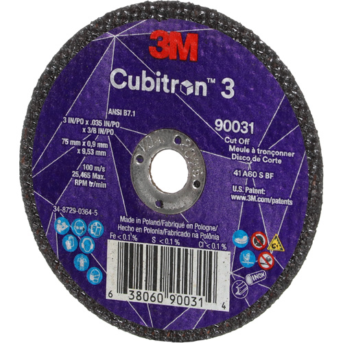 Meule &agrave; tronçonner Cubitron 3, 3" x 0,035", Arbre de 3/8", Type T1, C&eacute;ramique, 21000 Tr/min Planification Entrepots Molloy