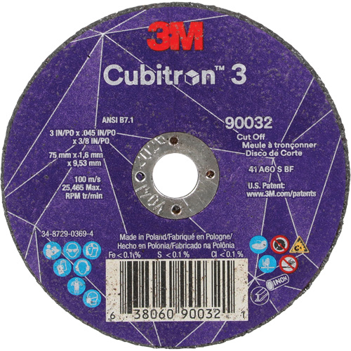 Meule &agrave; tronçonner Cubitron 3, 3" x 0,045", Arbre de 3/8", Type T1, C&eacute;ramique, 21000 Tr/min Planification Entrepots Molloy