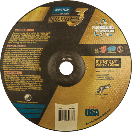 Quantum 3 SG Depressed Center Grinding Wheel, 9" x 1/4", 7/8" Arbor, Type 28, Ceramic, 6600 RPM Planification Entrepots Molloy