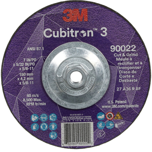 Meule &agrave; rectifier et &agrave; tronçonner Cubitron 3, 7" x 5/32", Arbre de 5/8"-11, Type 27, Grain de 36, C&eacute;ramique Planification Entrepots Molloy
