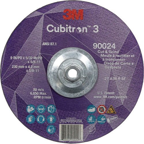 Meule &agrave; rectifier et &agrave; tronçonner Cubitron 3, 9" x 5/32", Arbre de 5/8"-11, Type 27, Grain de 36, C&eacute;ramique Planification Entrepots Molloy