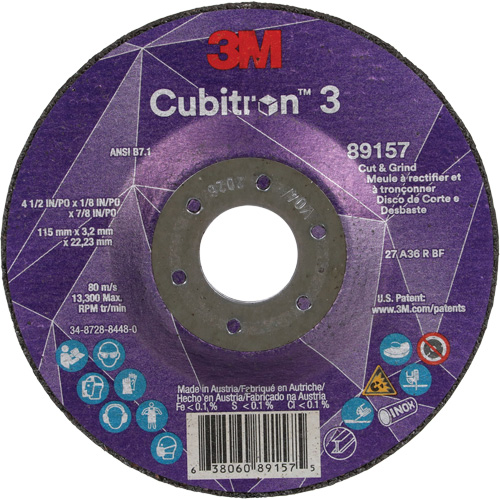 Cubitron 3 Cut and Grind Wheel, 4-1/2" x 1/8", 7/8" Arbor, Type 27, 36 Grit, Ceramic Planification Entrepots Molloy
