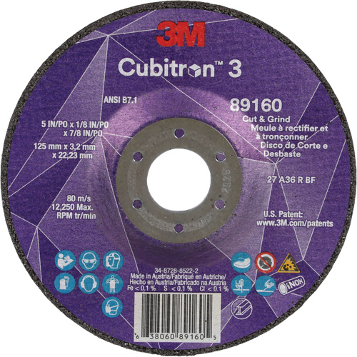 Cubitron 3 Cut and Grind Wheel, 5" x 1/8", 7/8" Arbor, Type 27, 36 Grit, Ceramic Planification Entrepots Molloy