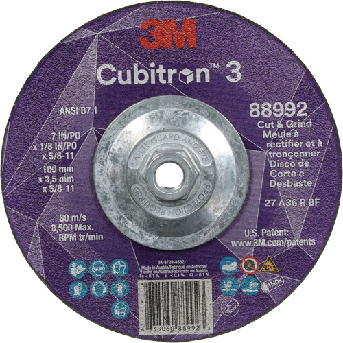 Cubitron 3 Cut and Grind Wheel, 7" x 1/8", 5/8"-11 Arbor, Type 27, 36 Grit, Ceramic Planification Entrepots Molloy