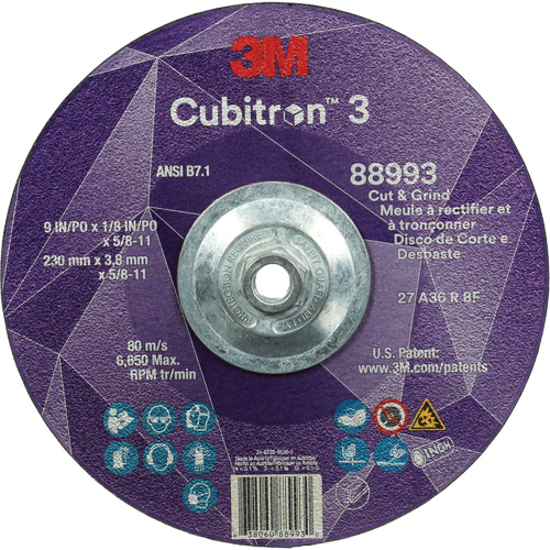 Cubitron 3 Cut and Grind Wheel, 9" x 1/8", 5/8"-11 Arbor, Type 27, 36 Grit, Ceramic Planification Entrepots Molloy