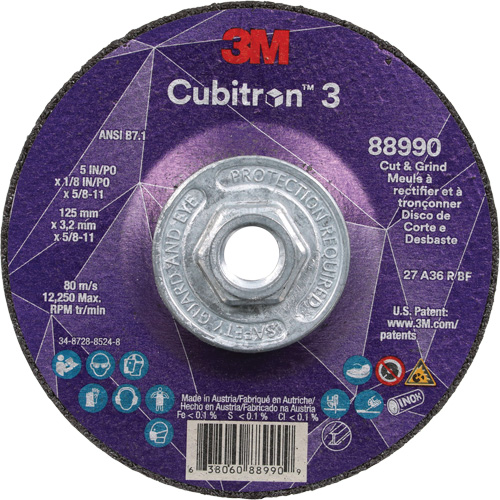 Cubitron 3 Cut and Grind Wheel, 5" x 1/8", 5/8"-11 Arbor, Type 27, 36 Grit, Ceramic Planification Entrepots Molloy