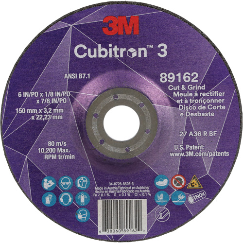 Cubitron 3 Cut and Grind Wheel, 6" x 1/8", 7/8" Arbor, Type 27, 36 Grit, Ceramic Planification Entrepots Molloy