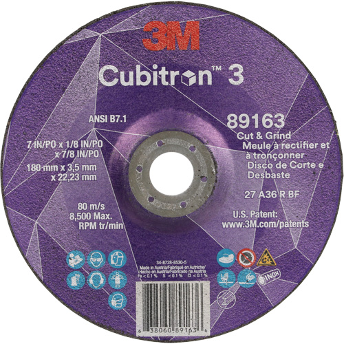 Cubitron 3 Cut and Grind Wheel, 7" x 1/8", 7/8" Arbor, Type 27, 36 Grit, Ceramic Planification Entrepots Molloy