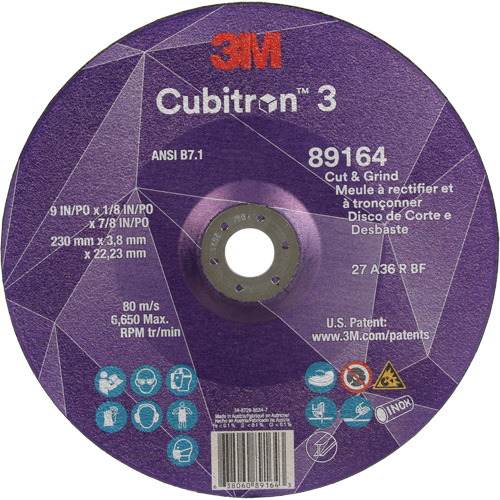 Cubitron 3 Cut and Grind Wheel, 9" x 1/8", 7/8" Arbor, Type 27, 36 Grit, Ceramic Planification Entrepots Molloy