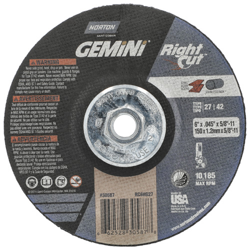 Meule &agrave; tronçonner pour coupe &agrave; angle droit RightCut Gemini, 6" x 0,045", Arbre de 5/8"-11, Type 27/42, Oxyde d'aluminium, 10185 Tr/min Planification Entrepots Molloy