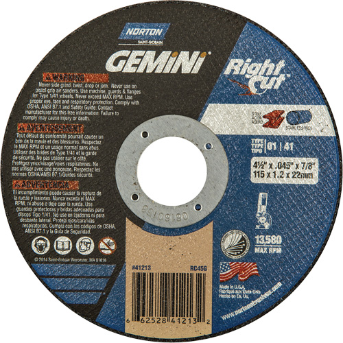 Gemini RightCut Right Angle Cut-Off Wheel, 4-1/2" x 0.045", 7/8" Arbor, Type 01/41, Aluminum Oxide, 13580 RPM Planification Entrepots Molloy