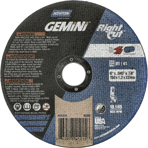 Gemini RightCut Right Angle Cut-Off Wheel, 6" x 0.045", 7/8" Arbor, Type 01/41, Aluminum Oxide, 10185 RPM Planification Entrepots Molloy
