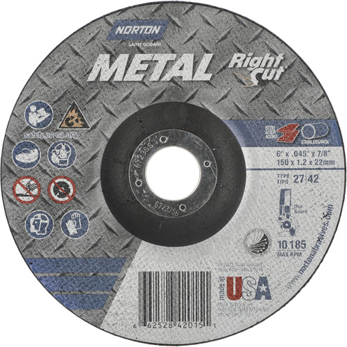 Metal RightCut Right Angle Cut-Off Wheel, 6" x 0.045", 7/8" Arbor, Type 27/42, Aluminum Oxide, 10190 RPM Planification Entrepots Molloy
