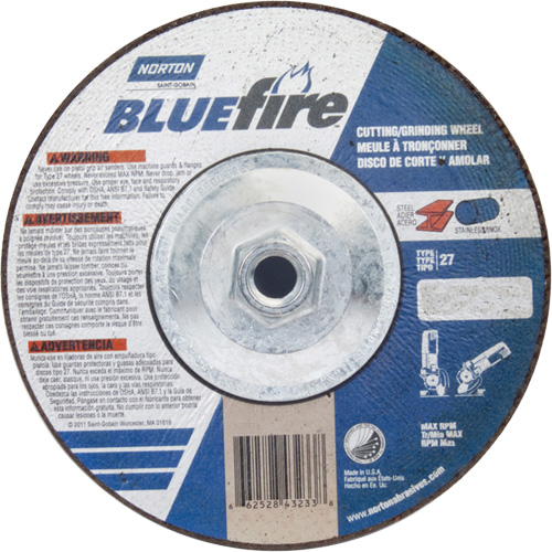 BlueFire Grinding & Cutting Wheel, 7" x 1/8", 5/8"-11 Arbor, Type 27, Zirconia Alumina Planification Entrepots Molloy