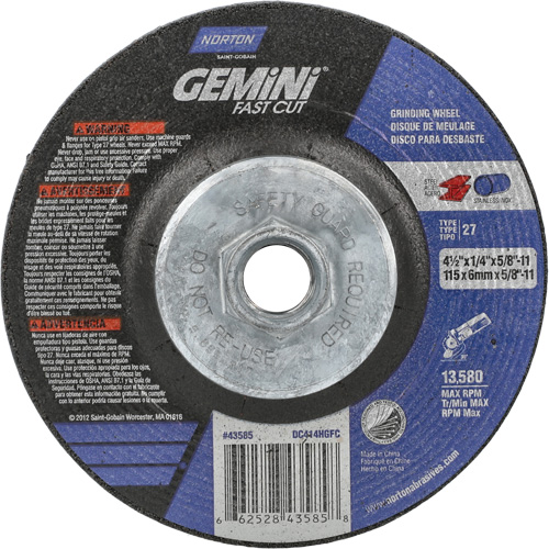 Meule Gemini, 4-1/2" x 1/4", Arbre 5/8"-11, Oxyde d'aluminium, Type 27 Planification Entrepots Molloy
