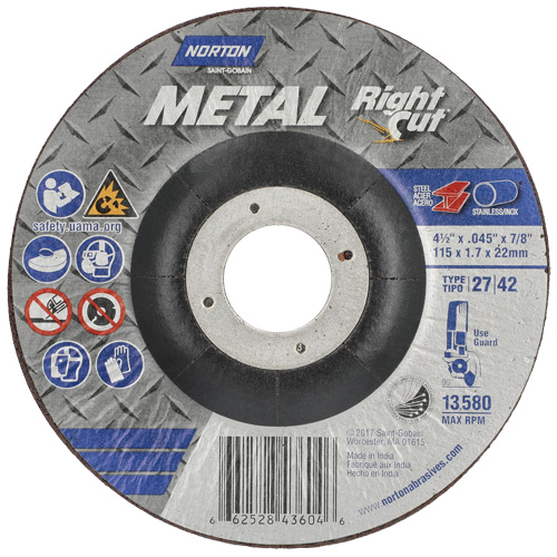 Metal RightCut Right Angle Cut-Off Wheel, 4-1/2" x 0.045", 7/8" Arbor, Type 27, Aluminum Oxide, 13580 RPM Planification Entrepots Molloy