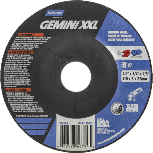Meule XXL Gemini, 4-1/2" x 1/4", Arbre 7/8", Oxyde d'aluminium, Type 27 Planification Entrepots Molloy