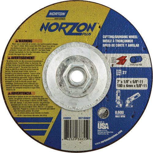 NorZon Plus SGZ  Grinding & Cutting Wheel, 7" x 1/8", 5/8"-11 Arbor, Type 27, Ceramic Alumina Planification Entrepots Molloy