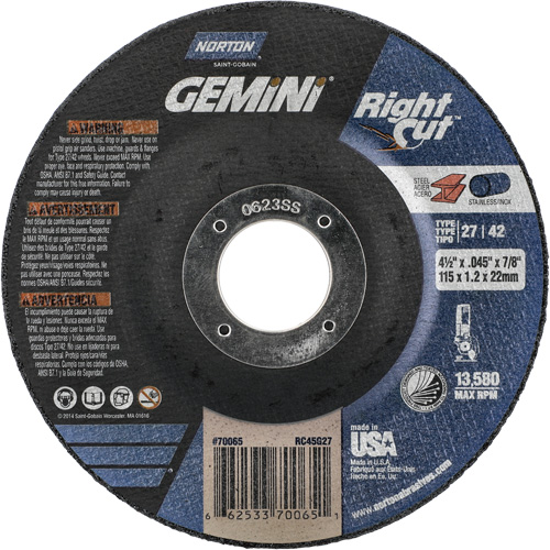 Meule &agrave; tronçonner pour coupe &agrave; angle droit RightCut Gemini, 4-1/2" x 0,045", Arbre de 7/8", Type 27/42, Oxyde d'aluminium, 13580 Tr/min Planification Entrepots Molloy