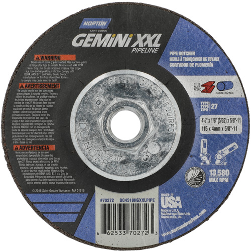 Gemini XXL Grinding & Cutting Wheel, 4-1/2" x 1/8", 5/8"-11 Arbor, Type 27, Aluminum Oxide Planification Entrepots Molloy