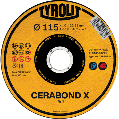 Meule &agrave; tronçonner CA60Q-BFPX CERABOND X, 4-1/2" x 0,039", Arbre de 7/8", Type 1 Planification Entrepots Molloy