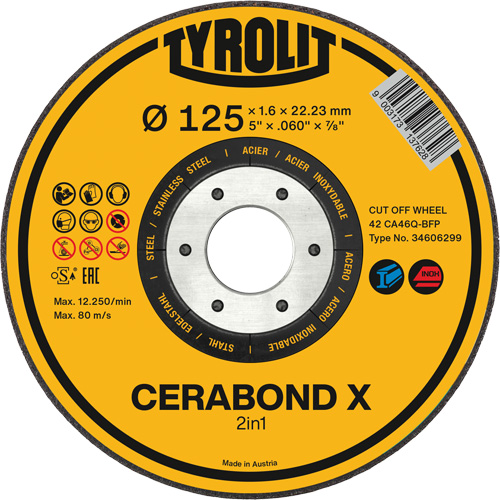 CERABOND X Cut-Off Wheel for Steel & Stainless Steel, 5" x 0.45", 7/8" Arbor, Type 1, Ceramic, 12250 RPM Planification Entrepots Molloy
