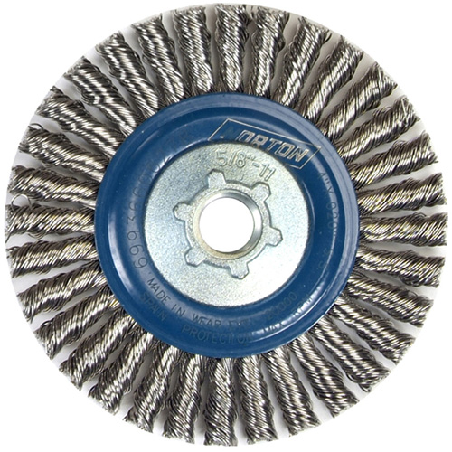 Brosse &agrave; fils nou&eacute;s pour cordons de soudure pour meuleuse angulaire, Dia. 4", Fils 0,02", Arbre 5/8"-11, Acier inoxydable Planification Entrepots Molloy