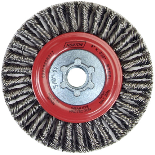 Brosse &agrave; fils nou&eacute;s pour cordons de soudure pour meuleuse angulaire, Dia. 4", Fils 0,02", Arbre 5/8"-11, Acier Planification Entrepots Molloy