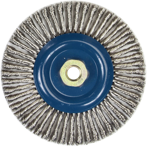 Brosse &agrave; fils nou&eacute;s pour cordons de soudure pour meuleuse angulaire, Dia. 6", Fils 0,02", Arbre 5/8"-11, Acier inoxydable Planification Entrepots Molloy