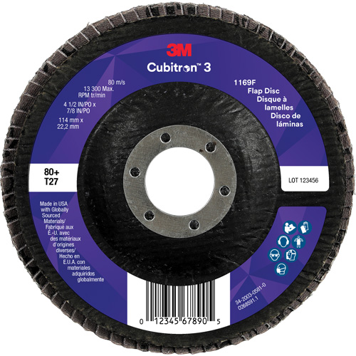 Cubitron 3 Flat Flap Disc 1169F, 4-1/2" x 7/8", Type T27, 80+ Grit, Ceramic Planification Entrepots Molloy