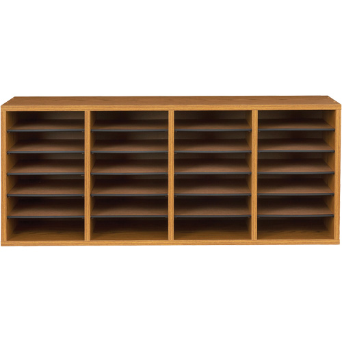 Adjustable Compartment Literature Organizer, Stationary, 24 Slots, Wood, 39-1/4" W x 11-3/4" D x 16-1/4" H Planification Entrepots Molloy