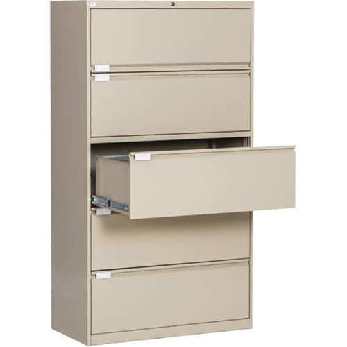 Lateral Filing Cabinet, Steel, 5 Drawers, 36" W x 18" D x 65-1/2" H, Beige Planification Entrepots Molloy