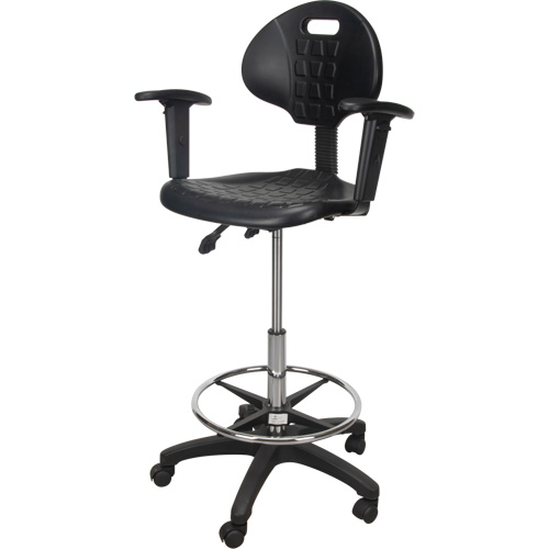 Tabouret ergonomique robuste avec accoudoirs r&eacute;glables et roulettes en nylon, Mobile, Ajustable, 39" - 48", Polyur&eacute;thane Si&egrave;ge, Noir Planification Entrepots Molloy