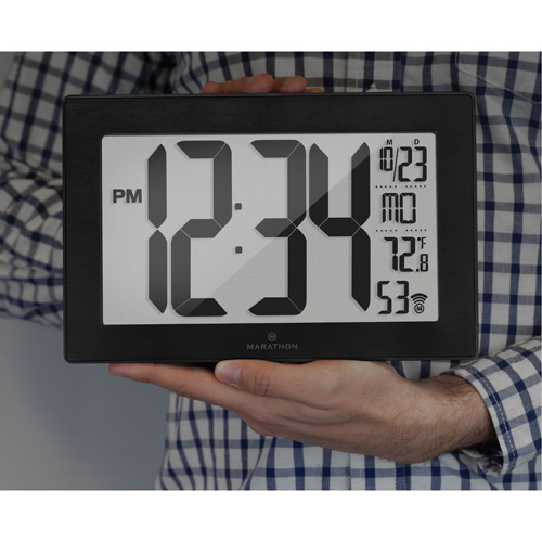 Self-Setting & Self-Adjusting Wall Clock with Stand, Digital, Battery Operated, Black Planification Entrepots Molloy