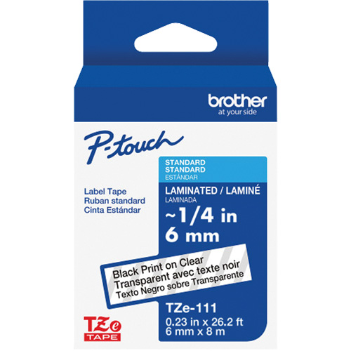 Ruban lamin&eacute; TZe-111 pour &eacute;tiqueteuses P-Touch compatibles avec les rubans TZe, Noir sur transparent, Largeur de 0,23" Planification Entrepots Molloy