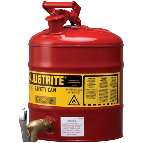 Bidon avec robinet s&eacute;curitaires pour laboratoires, Type I, Acier, 5 gal. US, Rouge, Homologu&eacute; FM Planification Entrepots Molloy