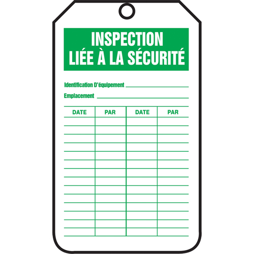 &eacute;tiquettes de s&eacute;curit&eacute; d'inspection et de contr&ocirc;le de l'&eacute;tat de l'&eacute;quipement, Papier cartonn&eacute;, 3-1/8" la x 5-7/8" h, Français Planification Entrepots Molloy