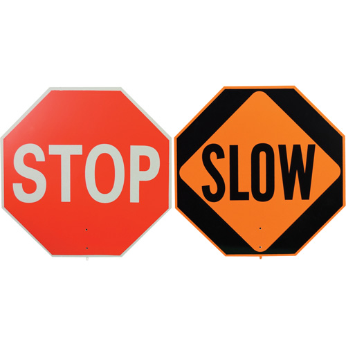 Panneau de signalisation &agrave; deux c&ocirc;t&eacute;s  Stop/Slow , Plastique, Boulonn&eacute; Planification Entrepots Molloy