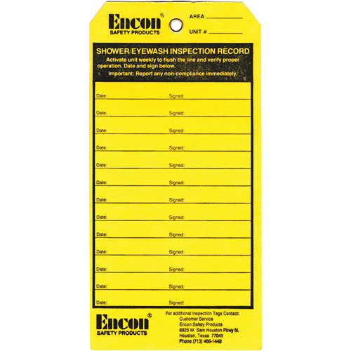 &eacute;tiquette de registre d'inspection pour douche oculaire & d'urgence, Papier cartonn&eacute;, 3-1/8" la x 6-1/4" h, Anglais Planification Entrepots Molloy