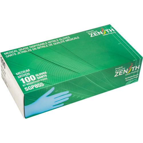 Gants jetables de calibre m&eacute;dical r&eacute;sistants &agrave; la perforation, Moyen, Nitrile, 3,5 mils, Sans poudre, Bleu, Classe 2 Planification Entrepots Molloy