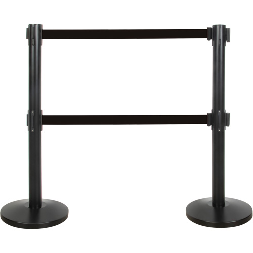 Barri&egrave;re pour le contr&ocirc;le des foules &agrave; courroie double, Acier, 35" h, Ruban Noir, Longueur du ruban 7' Planification Entrepots Molloy