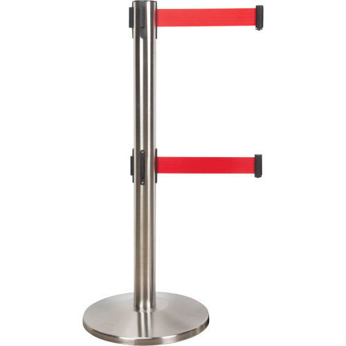 Barri&egrave;re pour le contr&ocirc;le des foules &agrave; courroie double, Acier, 35" h, Ruban Rouge, Longueur du ruban 7' Planification Entrepots Molloy
