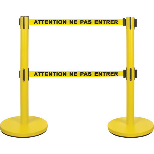 Barri&egrave;re pour le contr&ocirc;le des foules &agrave; courroie double, Acier, 35" h, Ruban Jaune, Longueur du ruban 7' Planification Entrepots Molloy
