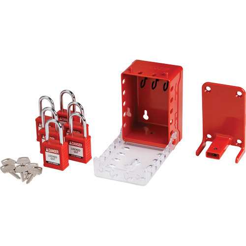 Boîte de cadenassage de groupe ultra compacte avec cadenas de s&eacute;curit&eacute; en nylon, Rouge Planification Entrepots Molloy
