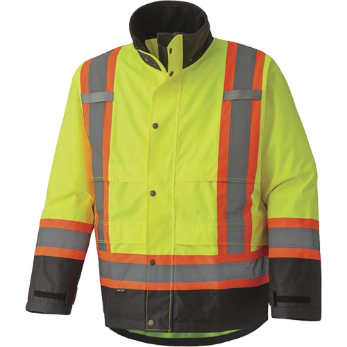 5401 300D Trilobal Ripstop Waterproof Safety Jacket, Polyester, Black/High Visibility Lime-Yellow, Large Planification Entrepots Molloy